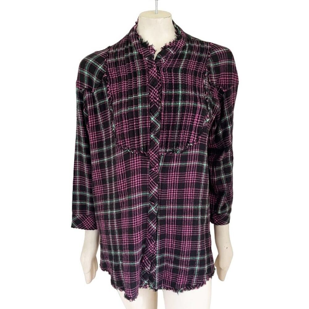 FREE PEOPLE Plaid About You Flannel Sleep Top  Button shirt Oversized  SZ S